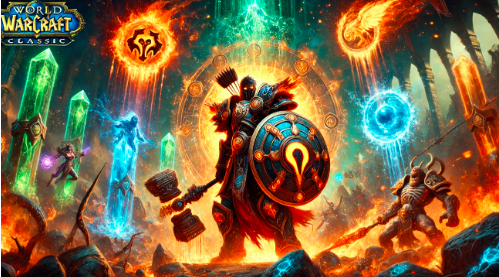 A WoW Classic Shaman wielding the epic shield Terrestris, surrounded by glowing elemental totems, engaging in a dynamic Blackwing Lair encounter.