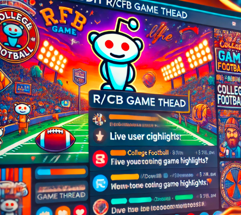 A screenshot-style illustration showing an active r/CFB game thread with users commenting on a live college football match, highlighting real-time discussions and fan reactions.